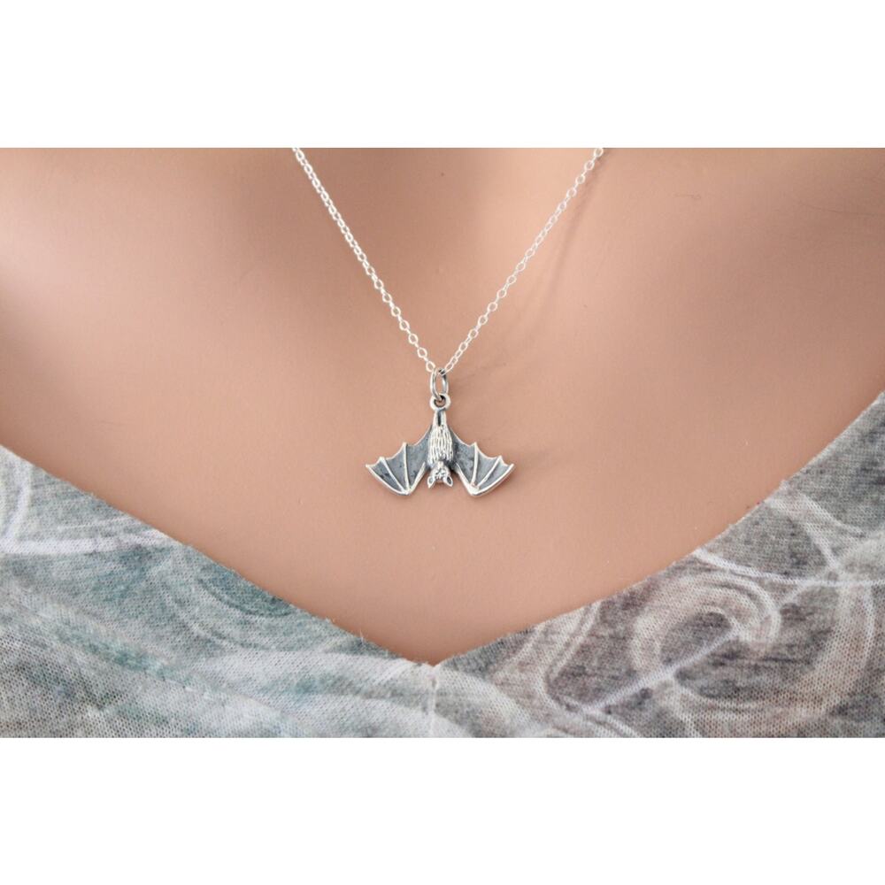 Sterling Silver Bat Necklace, Silver Realistic Bat Charm Necklace
